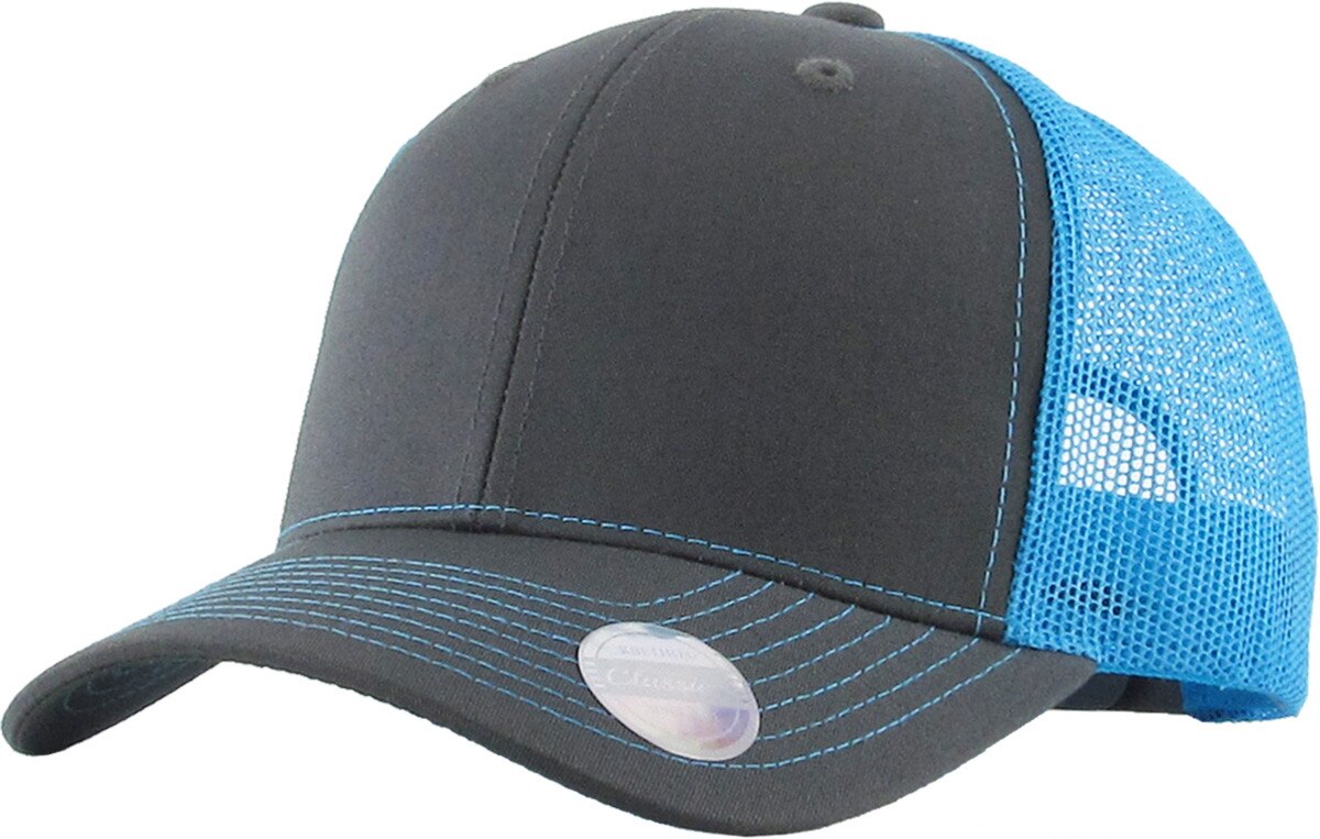 Dark Gray Neon Blue Two Tone Classic 6 Panel Trucker Mesh Snapback Front Side View